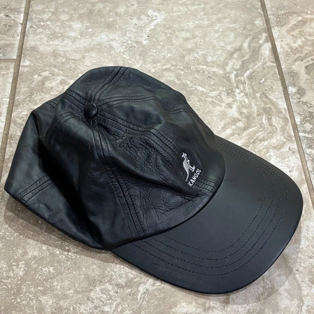 Kangol Black Leather Baseball Cap Hat Mens L/XL 8042BC02 Vintage Logo Streetwear